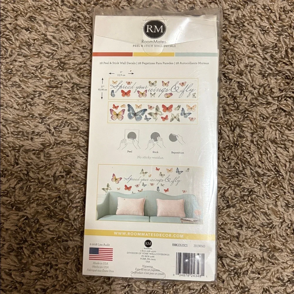 Spread your wings butterfly Peel & Stick Wall Decals Room Mates 28 Removable NIB